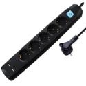 Transmedia 5-way power strip with 2x USB, black, 1,5m